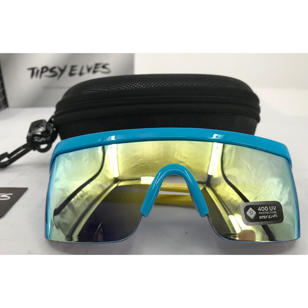 Tipsy Elves Retro Shield Sunglasses Blue Yellow UV400‎ Performance Eyewear Case